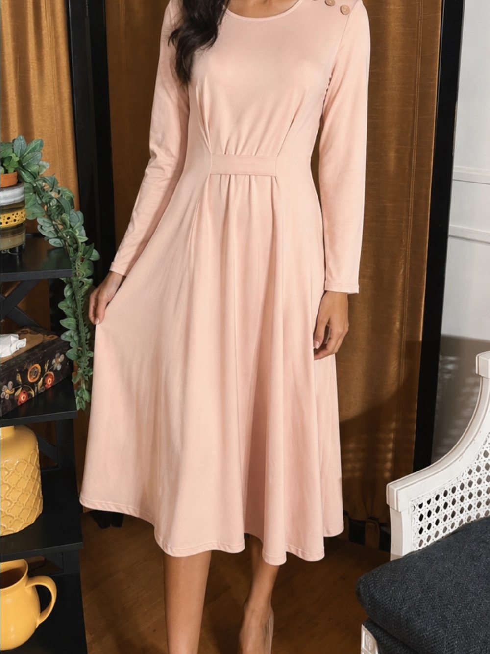Elegant Long Sleeve Blush Pink Midi Dress